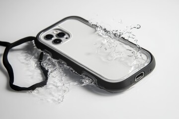 A sleek phone case splashes through water. This protective cover embodies durability and style. Perfect for outdoor enthusiasts and tech lovers. Generative AI