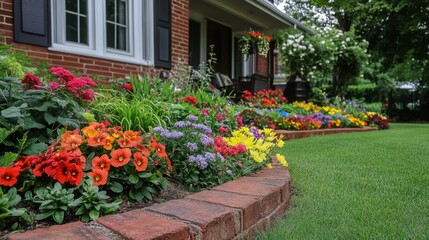 Colorful flowerbed borders a house, vibrant landscaping, exterior home