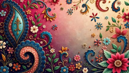 Elegant paisley design, muted color palette on silk , texture, fine art, print