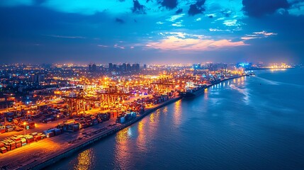 Fototapeta premium logistics infrastructure driving growth. City skyline at dusk with illuminated buildings and water reflections.