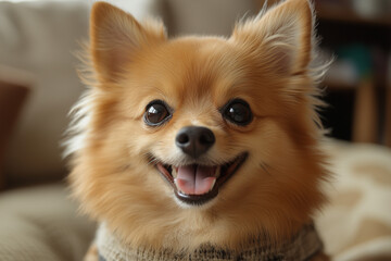 Adorable Happy Pomeranian Dog in Cozy Sweater