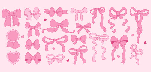 Vintage Coquette Pink Ribbon Bow Set. Romantic Girly Vibe. Vector illustration. Isolated Cute Whimsy Trendy Aesthetic Elements for designs, invitations, cards and decoration