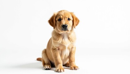 Golden retriever puppy poses against stark white backdrop, golden, photography