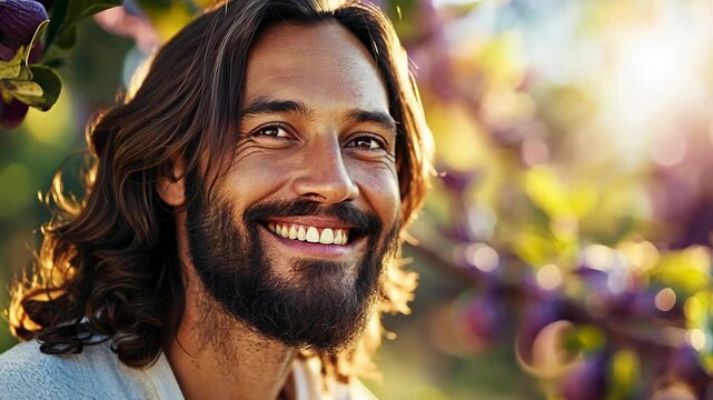 smiling Jesus Christ standing at fruitful fig tree with bright sunlight