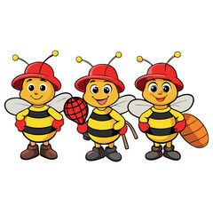 Four cartoon-bees-with-yellow-heads-and-striped.