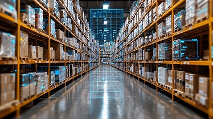 logistics infrastructure driving growth. Vast warehouse filled with neatly organized shelves and boxes.