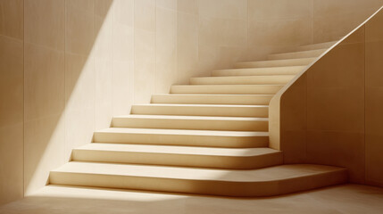 A cinematic shot of sculptural staircase design, clean angles and soft curves in neutral sandstone tones, handcrafted pottery in the corner