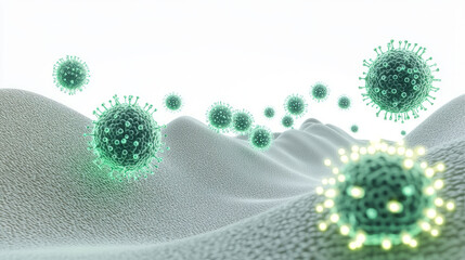 Viral spread of pathogens in microbial landscapes scientific illustration laboratory environment digital visualization