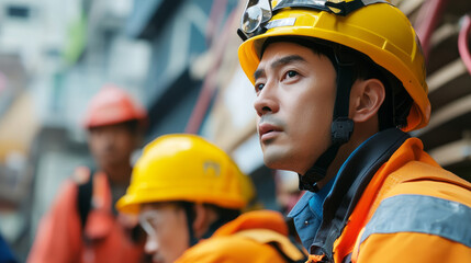 Construction workers collaborating on a project urban site professional photos industrial environment close-up view teamwork concept