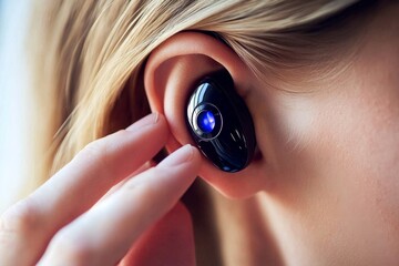 Close-up of young woman adjusting a black hearing aid with blue light, with blurred background