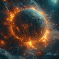 Explosive Cosmic Event with Fiery Planet in Deep Space Background