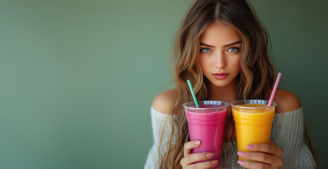 Young woman holding smoothie glasses.