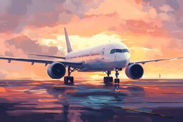 Fototapeta premium gleaming white passenger airplane on airport runway, glistening in warm hues of a summer sunset 
