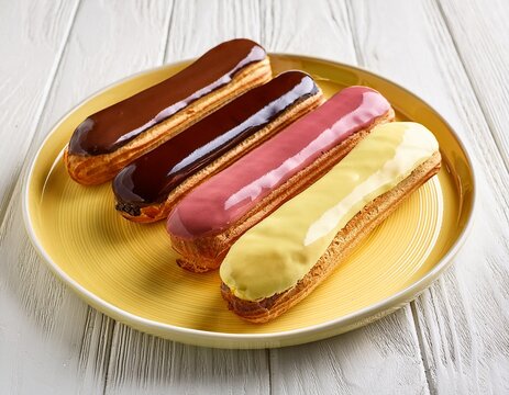  Assorted eclair pastries on a pale yellow ceramic tray on white wooden table. Generated image
