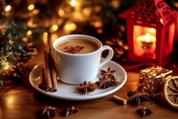 Obraz premium Cozy and Festive Coffee Table Setting with Cinnamon Sticks, Lantern, and Holiday Decor in Warm Atmosphere