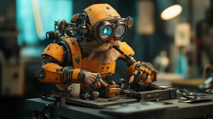 Inventive robot engineer crafts gadgets in workshop futuristic environment close-up perspective creative technology