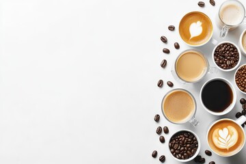 Obraz premium A stylish arrangement of various coffee cups featuring different types of coffee and coffee beans on a light background.