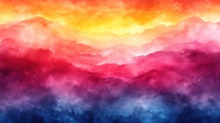 Colorful mountain range, vibrant sunset, misty sky, digital art