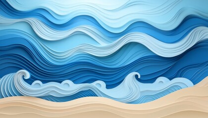 Abstract blue sea and beach summer background with curve paper waves and seacoast