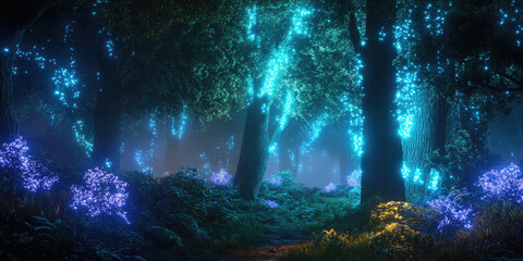 A Captivating Bioluminescent Forest Where Light Glows from the Trees for Fantasy, Nature, or Adventure Design Projects