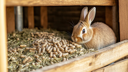Fototapeta premium Playful rabbit in cozy hutch farmyard setting animal photography natural environment close-up view wildlife concept