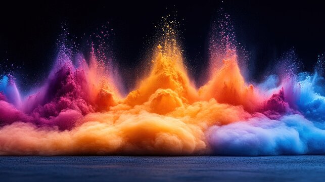 Colorful powder explosion on dark surface, abstract mountain range