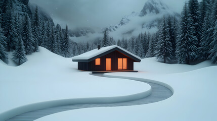 Illuminated Cabin in Snowy Mountain Landscape at Night