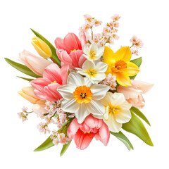 Fototapeta premium Vibrant Spring Flower Bouquet: Tulips, Daffodils, Lilies for Wedding and Mother's Day Celebrations