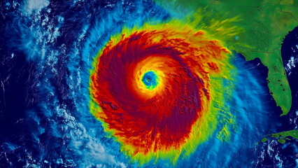 Top view of red yellow typhoon, hurricane or cyclone on earth from space station, weather forecast news