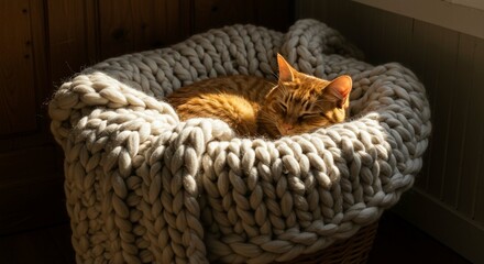 Obraz premium Orange Tabby Cat Napping in Cozy Chunky Knit Basket Sunlit