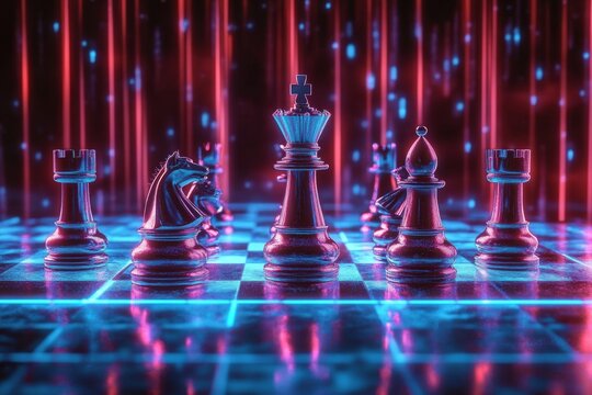 Futuristic Chessboard with King and Queen Pieces, Facing Each Other, Illuminated by Red and Blue Lights