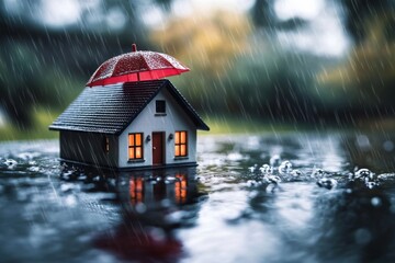 Gloomy and rainy scene with small toy house and red umbrella in blurred park background reflecting raindrops