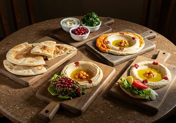 Assorted Hummus and Pita Bread Selection Served on Wooden Boards