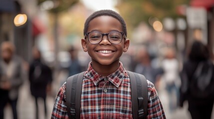 Fototapeta premium Happy African-American boy with backpack walking on city street, wearing glasses and plaid shirt, surrounded by people