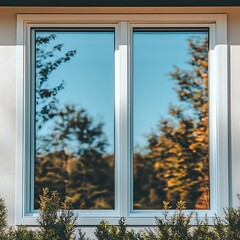 A double paned window reflecting trees and a clear sky