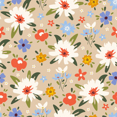 Trendy Hand drawn Wild Meadow florals illustration Seamless Pattern Vector Design, Design for fashion , fabric, textile, wallpaper, cover, web , wrapping and all prints.