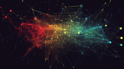 Abstract network graphic, colorful connection lines, dark background