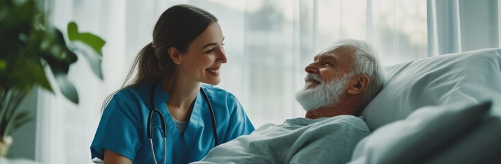 Caring nurse interacts warmly with elderly patient in bright hospital room during afternoon visit.web banner elderly people, copy space for text
