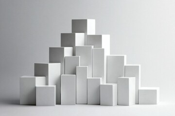 Fototapeta premium Minimalistic and modern white cubes arranged in pyramid formation on white background with varying sizes and shapes