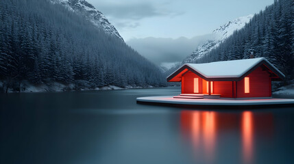 Fototapeta premium Red Wooden Cabin on Snowy Lake at Night in Mountains