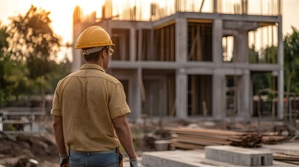 Construction Worker Observing New Home Construction Site at Sunset