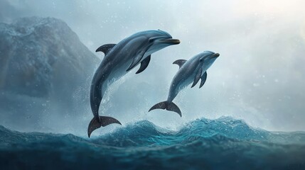 Naklejka premium Two dolphins leaping in a misty ocean