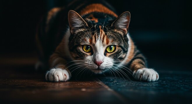 Calico Cat with Intense Gaze Low Angle Close Up Domestic Shorthair - Powered by Adobe