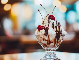 Delicious Sundae Ice Cream Dessert with Cherries, Chocolate Sauce, and Whipped Cream - Sweet Indulgent Treat in Retro Glass Dish