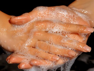 Fototapeta premium Human hands are being washed with soap in foamy water