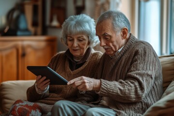 Elderly couple engaging with a tablet at home during a cozy afternoon together in a warm living room setting. concept elderly people and modern technologies, interaction with gadgets
