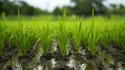 Obraz premium The seedlings that the farmers had sown are growing and ready to be planted in the rice fields that the farmers had prepared. They are bright green and beautiful.