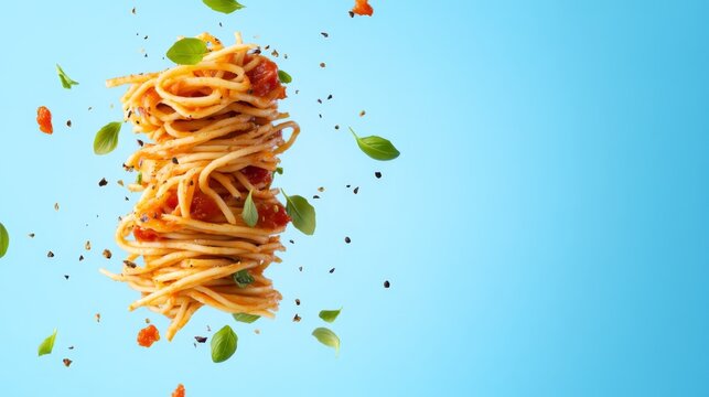 Spaghetti topped with tomato sauce and herbs floating against a blue background