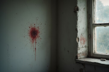 Crime investigation image of murder scene with blood stain and bullet holes