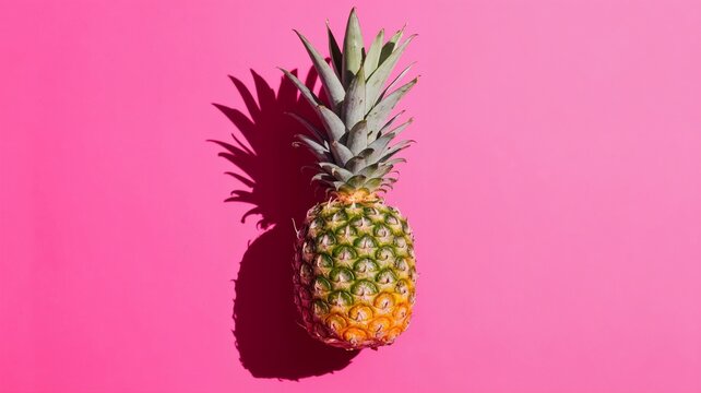 Fresh pineapple casts shadow on bright pink background. Summer concept